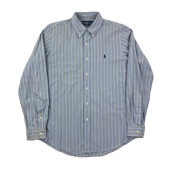 Ralph Lauren Shirt Mens Large Blue Striped Custom Fit Corpcore Preppy Button Up - Picture 1 of 16